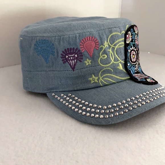 Rhinestone Castro Cap Black Sugar Skull Light Denim - Picture 3 of 8